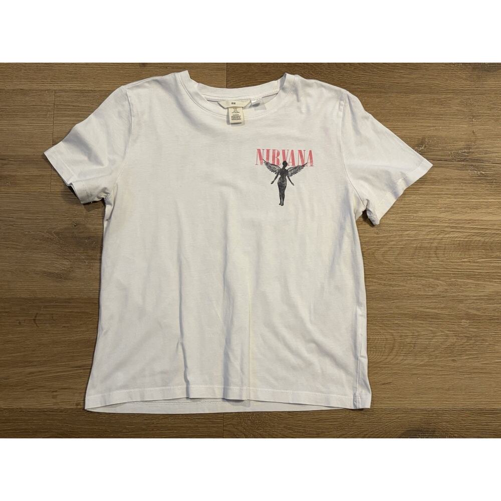 H & M Nirvana Graphic Band T-Shirt White Short Sleeve Concert Tour Tee Size S